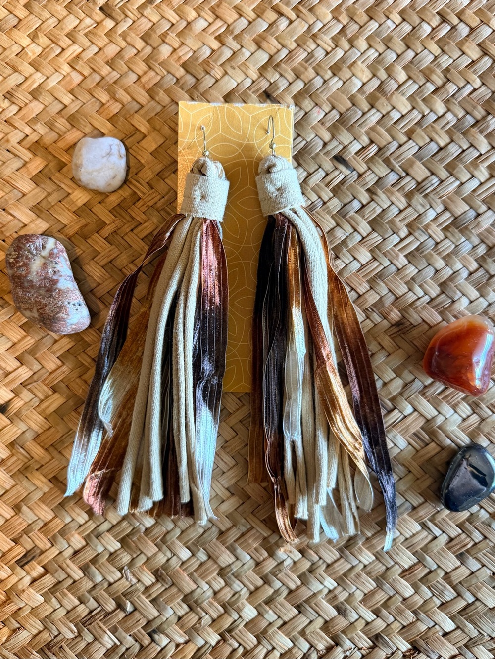 Handmade Neutral Multi-Strip Tassel Earrings in Cream, Brown & Copper